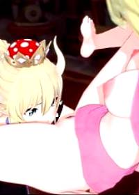 Bowsette licks Peach's pussy before tribbing. Lesbian Hentai
