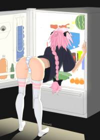 cute astolfo bends over to search fridge (why he got a whole watermelom i know he aint eat dat)